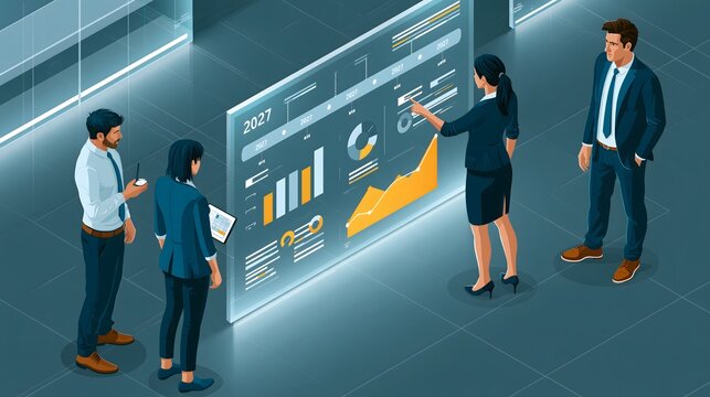 Future business planning concept with professionals collaborating around a transparent digital strategy board, 2027 timeline, analytics and business growth indicators, futuristic corporate environment