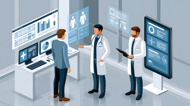 AI healthcare decision support concept featuring physician and intelligent digital assistant collaborating around medical charts, patient analytics and predictive care recommendations, sophisticated