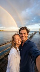 Fototapeta premium Happy couple taking a selfie on a wooden pier beneath a double rainbow