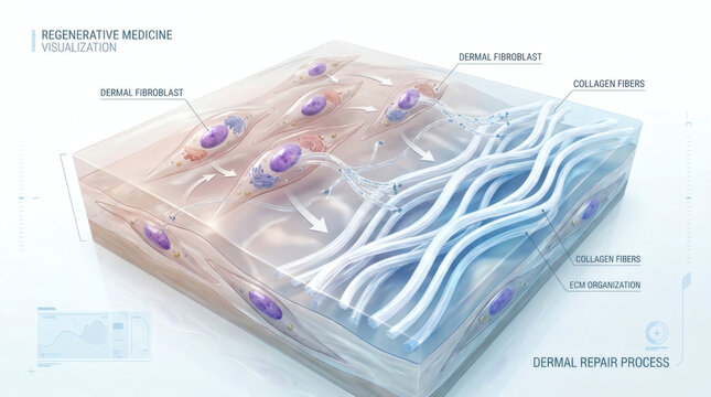 Dermal fibroblast cells producing collagen fibers in skin tissue layer