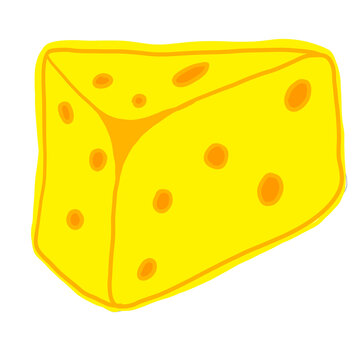 Hand drawn cartoon illustration of a delicious yellow Swiss cheese wedge with holes
