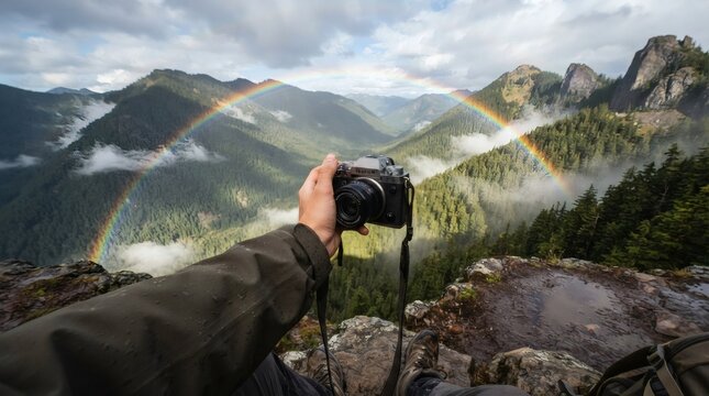 Photographer holding vintage camera capturing double rainbow over mountain valley