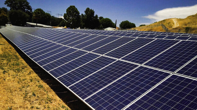View of a ground mounted solar photovoltaic array in a field with dry grass and trees under a clear blue sky in Los Angeles, CA, United States.