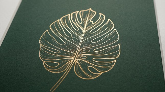 Gold foil monstera leaf embossed on luxury dark green textured card