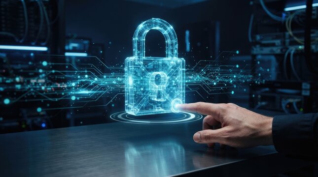 A human hand touches a bright glowing digital padlock symbolizing cybersecurity data protection and online network security measures
