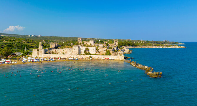 Korikos castle, Roman and Byzantine period work. Aerial bird's eye view, Erdemli, Mersin, Turkey
