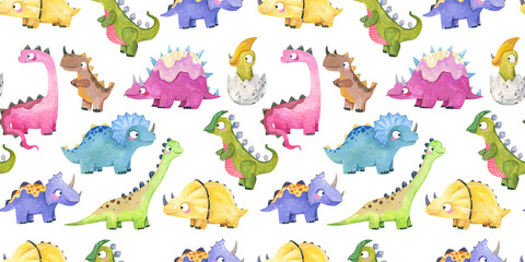 Watercolor cute colorful dinosaurs seamless pattern isolated on white background © Ilona