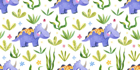 Watercolor cute purple triceratops dinosaur seamless pattern background with tropical leaves © Ilona