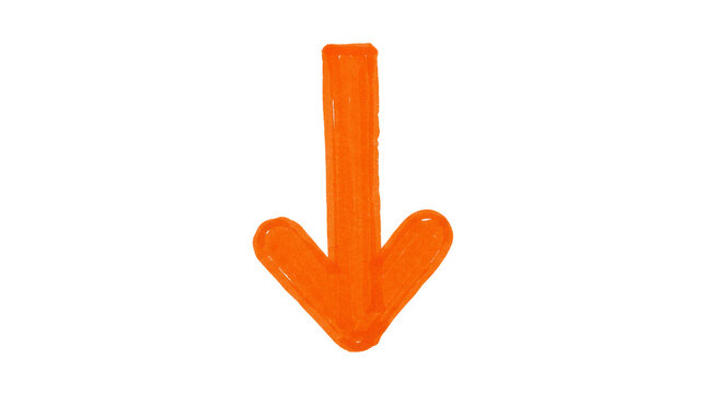 Orange hand-drawn arrow pointing downwards on a neutral grey background is shown in this simple graphic illustration.