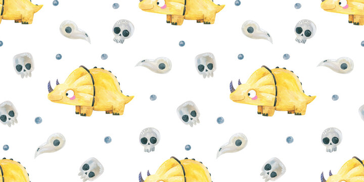 Watercolor cute yellow triceratops dinosaur with skulls seamless pattern isolated on white background
