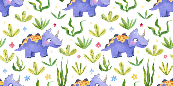 Watercolor cute purple triceratops dinosaur seamless pattern background with tropical leaves