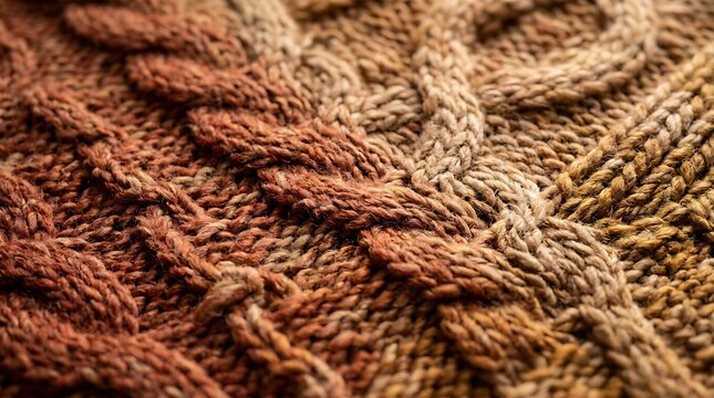 Closeup of a warm, chunky cableknit sweater texture with a beautiful gradient of autumn colors ranging from deep rust red to golden brown and beige wool yarn