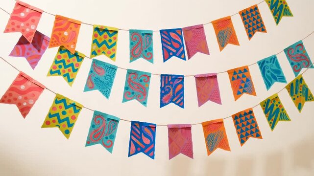 Colorful paper festival flags fluttering on strings in a cheerful breeze perfect for party invitations birthdays weddings and summer events