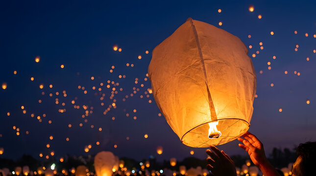 Glowing sky lantern floating upward during nighttime celebration festival event