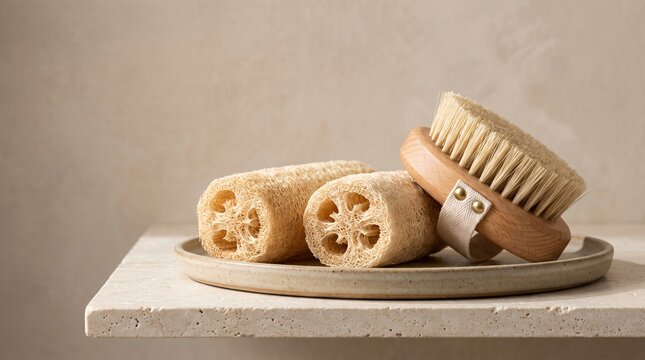 Organic dried luffa sponge and natural bristle dry body brush with beechwood handle on ivory travertine bathroom counter, eco friendly zero waste bathing wellness still life for sustainable lifestyle
