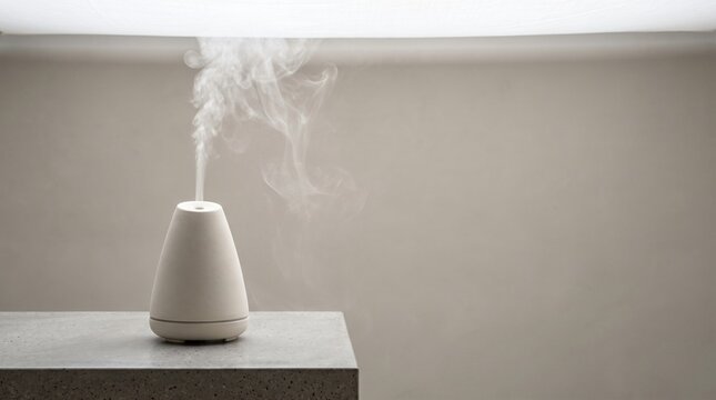 Minimalist white matte ceramic ultrasonic essential oil diffuser with rising cool fine water mist on grey microcement shelf, calming aromatherapy home wellness still life for modern spa brand campaign