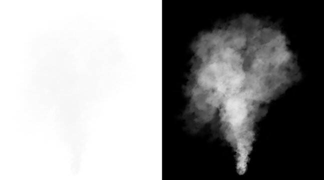 Realistic white smoke plume isolated on black background, atmospheric steam vapor cloud, volumetric smoke effect for VFX and graphic design