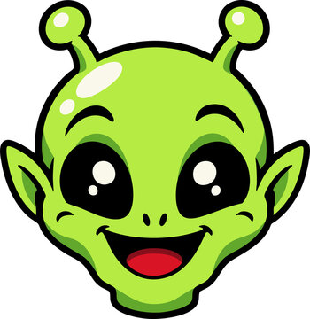 Friendly green alien cartoon with antennae on a transparent background