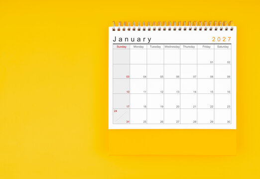 January desk calendar for 2027 year. Blank calendar for your appointment or reminder.