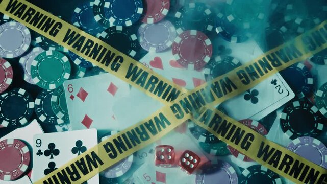 Casino Poker Chips and Red Dice Wrapped in Yellow Warning Tape with Smoke
