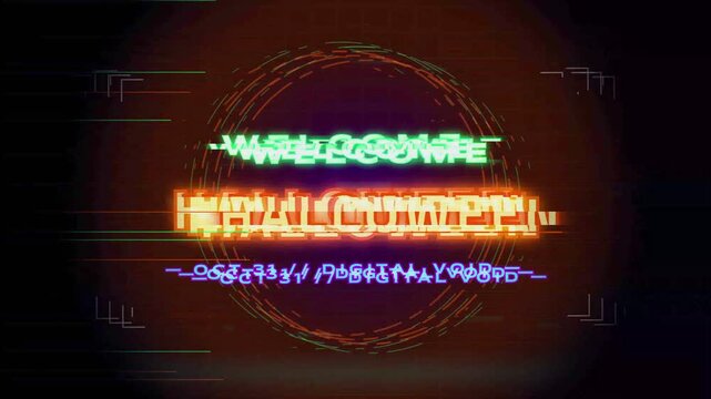 Welcome sign in multiple languages including English and alien script with neon lights and motion blur effect.