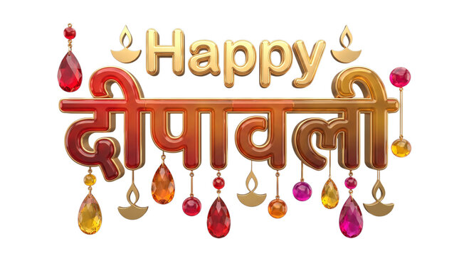 Happy deepavali 3d typography with hanging gems and lamps isolated on transparent background