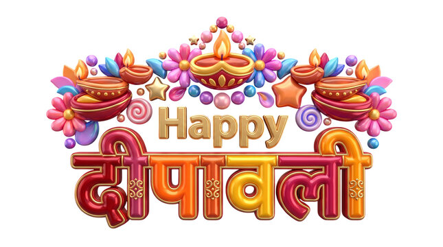 Happy deepavali 3d text with diya lamps and flowers isolated on transparent background