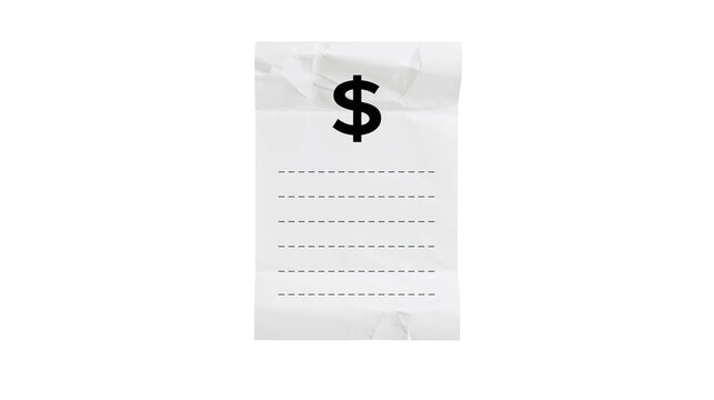 Crumpled receipt with dollar sign and dashed lines, isolated on transparent background