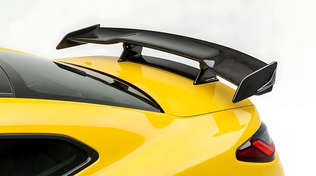 Closeup of a carbon fiber rear spoiler wing mounted on the trunk of a vibrant yellow sports car, showcasing aerodynamic design and highperformance automotive styling