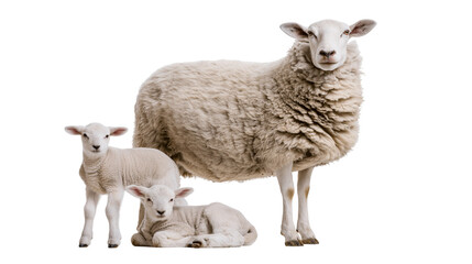 Obraz premium Fluffy white sheep with two young lambs, isolated on transparent background