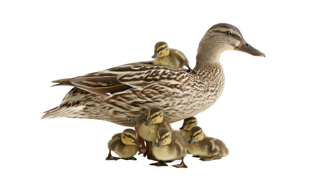 Mother duck with her ducklings, isolated on transparent background