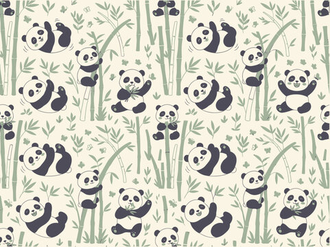 Cute Panda Bears Playing in Bamboo Forest Seamless Pattern for Kids Textile