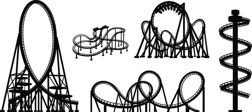 Roller Coaster Track Silhouette Collection with Loops Curves and Amusement Park Ride Structures