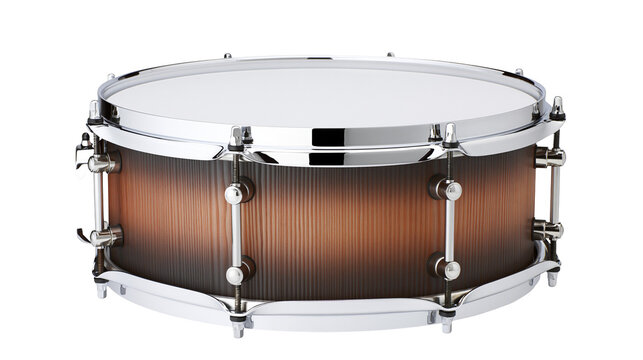 Glossy snare drum with chrome hardware and wood grain finish, isolated on transparent background