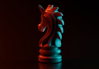 Imperial Chess Knight Piece with Dual Tone Orange and Teal Lighting 3D Render Dark Background © Muhammad Usama