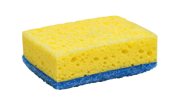 Yellow sponge with blue scrubbing side, isolated on transparent background