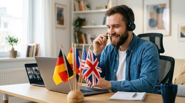 Friendly male language tutor wearing headset teaching students online with laptop and world flags on desk in a bright home office