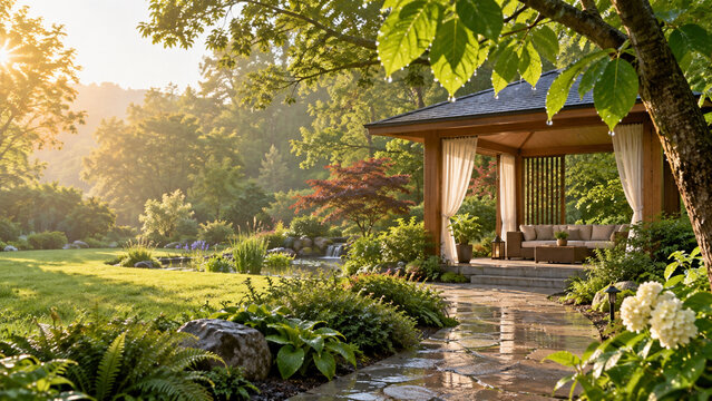 rain pool pavilion after spring rain in spring golden hour