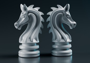 Two Imperial Chess Knight Pieces Facing Each Other 3D Render Dark Background © Muhammad Usama