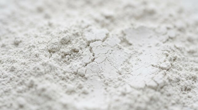 Macro photography of white kaolin clay powder. Fine cosmetic mineral powder texture background