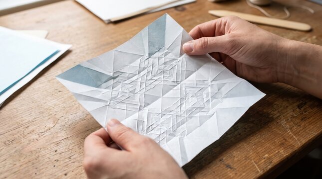 Person folding complex origami paper geometric crease pattern on a wooden table crafting art hobby creation