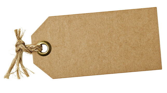 Blank kraft paper gift tag with jute twine and metal grommet, isolated on transparent background