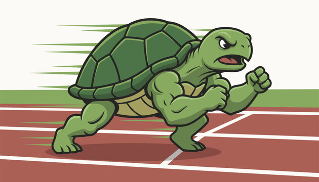Muscular green turtle crouching at starting line on a red sports running track with speed lines.