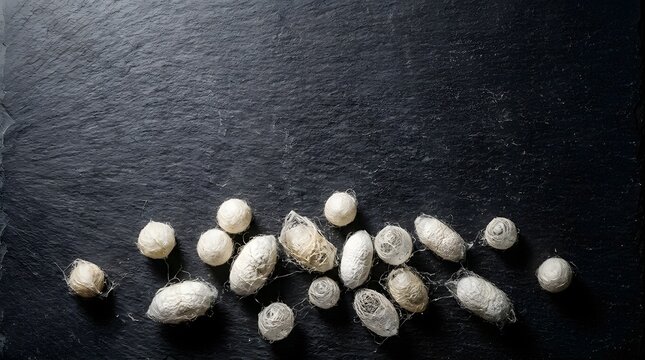 White silk cocoons arranged on a dark textured slate stone background