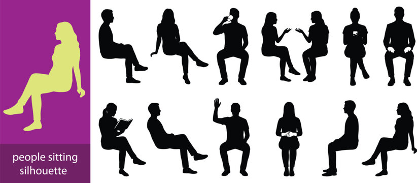 people sitting without chair silhouette set for architectural, men and women talking, drinking, relaxing. front and side view, black shadow elevation illustration