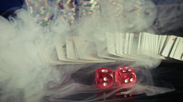 Red Dice and Playing Cards with Casino Chips in Smoke