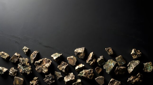 Scattered brass slag fragments on a dark black textured background