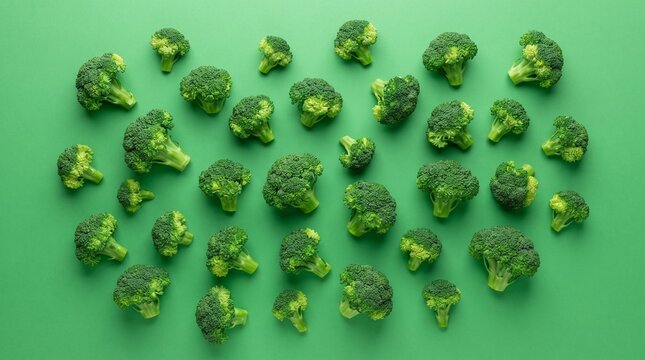 Fresh broccoli florets arranged as a pattern on a solid green