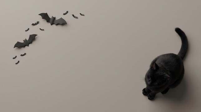 Minimalist halloween background with a black skull and flying bats on grey surface