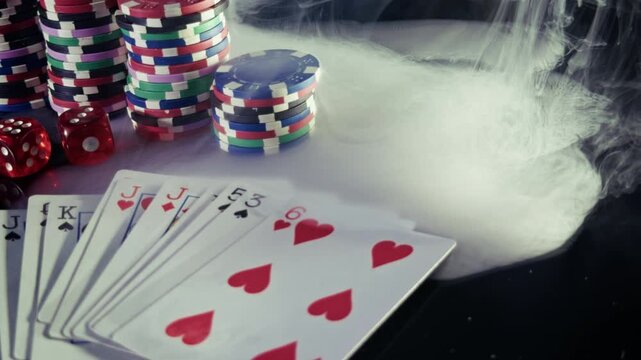 Red Dice and Playing Cards with Casino Chips in Smoke